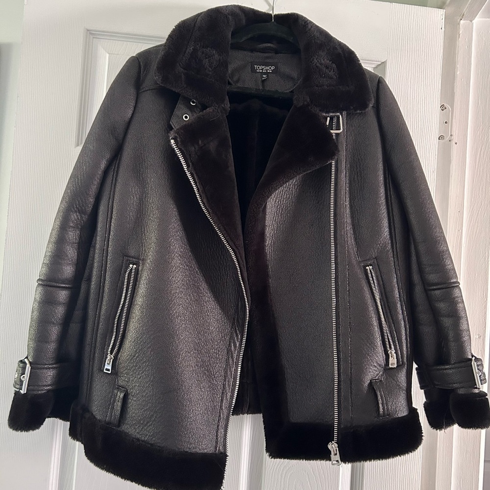Topshop oversized faux fur moto jacket
